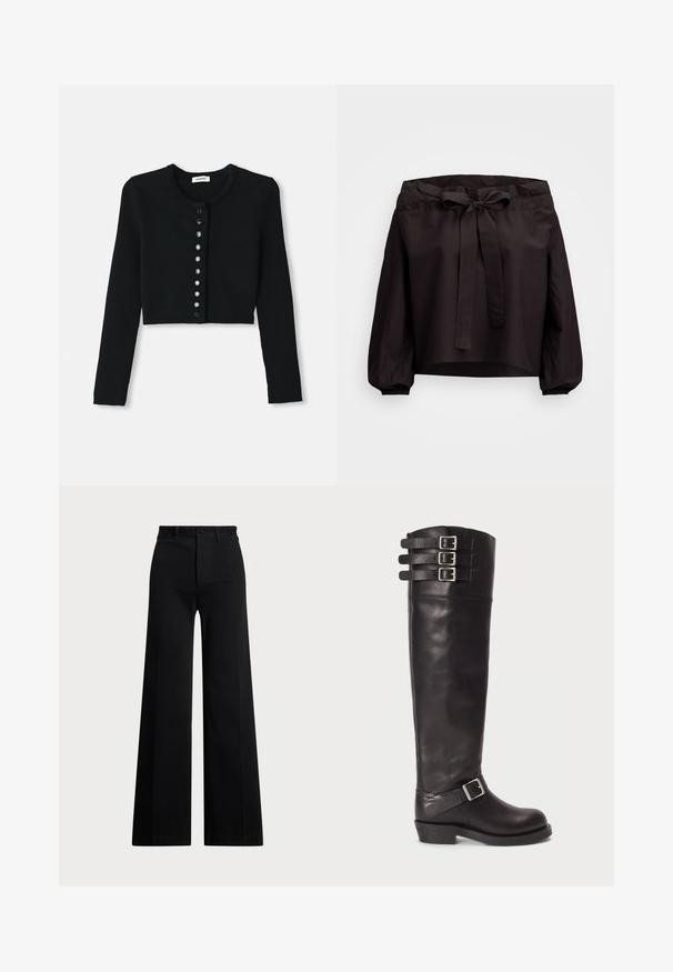 Čierny krátky cardigan vyrobený z rebrovaného materiálu, ktorý má dlhé rukávy, okrúhly výstrih a predný panel na gombíky s kruhovými čiernymi gombíkmi.; Čierny skrátený top s uzavretým pásom, so zaväzovaním vpredu a elastickými manžetami. Vyrobený z ľahkej látky s hladkou textúrou.; Čierne široké nohavice vyrobené z tkaniny, so vysokým pásom, predným zapínaním na gombík a bočnými vreckami. Hladká textura s čistými líniami.; Čierna kožená vysoká čižma po kolená s okrúhlym prstom, tromi prackami na vrchu a bočným detailom s prackou. Plochá podrážka a hladký povrch.