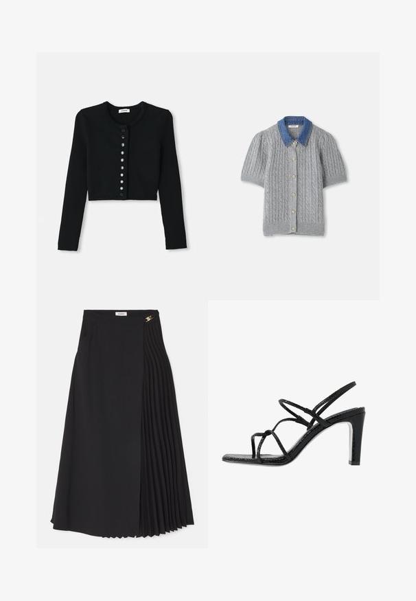 Cardigan negru scurt, realizat din material fâșie, cu mâneci lungi, decolteu rotund și închidere cu nasturi circulari negri.; Cardigan tricotat gri, cu mânecă scurtă și model în cabluri, având un guler din denim și cinci nasturi aurii în față.; Fustă midi neagră cu un design pliat pe o parte, confecționată dintr-un material ușor, având un fermoar ascuns și buzunare laterale.; Sandale negre cu toc, cu barete subțiri, finisaj texturat, vârful deschis și un design elegant al tocului ascuțit. Au o talpă interioară netedă și o suprafață strălucitoare.