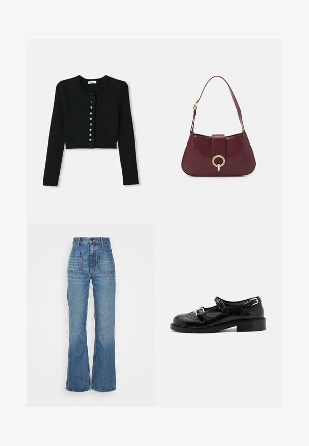 Černý zkrácený kardigan vyrobený z žebrované látky, s dlouhými rukávy, kulatým výstřihem a přední částí na knoflíky s kulatými černými knoflíky.; Zkrácená košile s knoflíčky v šedozelené a bílé kostkované vzoru. Má bílý límec a dlouhé rukávy s knoflíkovými manžetami. Měkká tkanina.; Džíny z modrého denimu s vysokým pasem a rozšířenými nohavicemi, dvěma předními kapsami a dvěma zadními kapsami; texturovaná látka s bledým praním.; Černé kožené boty s brogue detaily, vybavené dvěma sponami, zaoblenou špičkou a nízkým podpatkem. Hladký povrch s lesklým finišem.; Burgundská kožená kabelka s zakřiveným tvarem, zlatým kruhovým kovovým prvkem a jedním popruhem na rameno. Hladký povrch, minimalistický design.