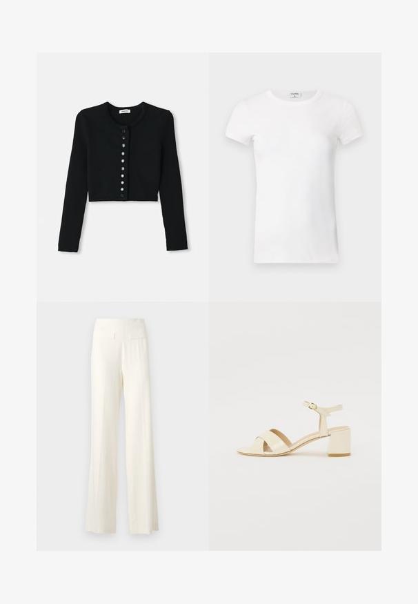 Čierny krátky cardigan vyrobený z rebrovaného materiálu, ktorý má dlhé rukávy, okrúhly výstrih a predný panel na gombíky s kruhovými čiernymi gombíkmi.; Biela rebrovaná tričko s krátkym rukávom a okrúhlym výstrihom. Tkanina vyzerá hladko s priliehavým strihom. Značková etiketa je viditeľná na golieri.; Široké nohavice v slonovinovej farbe s textúrovanou tkaninou, so subtílnymi vertikálnymi prúžkami a dvoma zadnými vreckami.; Bežové lakované sandále na podpätku s križovým popruhom, otvorenou špičkou, nastaviteľným členkovým popruhom a blokovým podpätkom. Hladká textura.