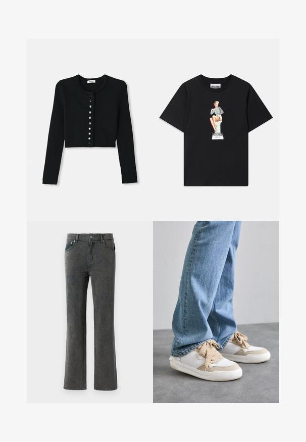 Crna skraćena kardigan izrađena od rebraste tkanine, s dugim rukavima, okruglim izrezom i prednjim kopčanjem na dugmad s kružnim crnim dugmadi.; Crna pamučna majica s printom grafike žene u prugastom topu koja sjedi na postamentu, s tekstom "Moschino Jeans" ispod.; Sive traperice s tajnim nogavicama i izblijedjelim pranjem, pet džepova, petlje za remen i jedan gumb za zatvaranje. Mekana tekstura i ravni dizajn nogu.; Bijele i bež tenisice s teksturiranim panelima, s bež vezicama i gumenenim potplatom, u kombinaciji s svijetloplavim trapericama.