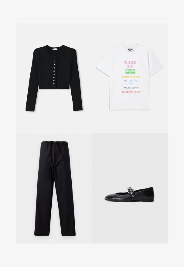 Čierny krátky cardigan vyrobený z rebrovaného materiálu, ktorý má dlhé rukávy, okrúhly výstrih a predný panel na gombíky s kruhovými čiernymi gombíkmi.; Biela bavlnená tričko s viacerými textovými logami v ružovej, zelenej, žltej, modrej a červenej farbe, usporiadanými vertikálne na prednej strane.; Čierne stredne ťažké nohavice s pásom na sťahovanie, so strihaním rovného strihu a bez viditeľných vzorov alebo akcentov. Hladká textúra.; Čierne kožené baletky s špicatou špičkou, so pásikom s okrúhlou kovovou sponou a plochou podrážkou.
