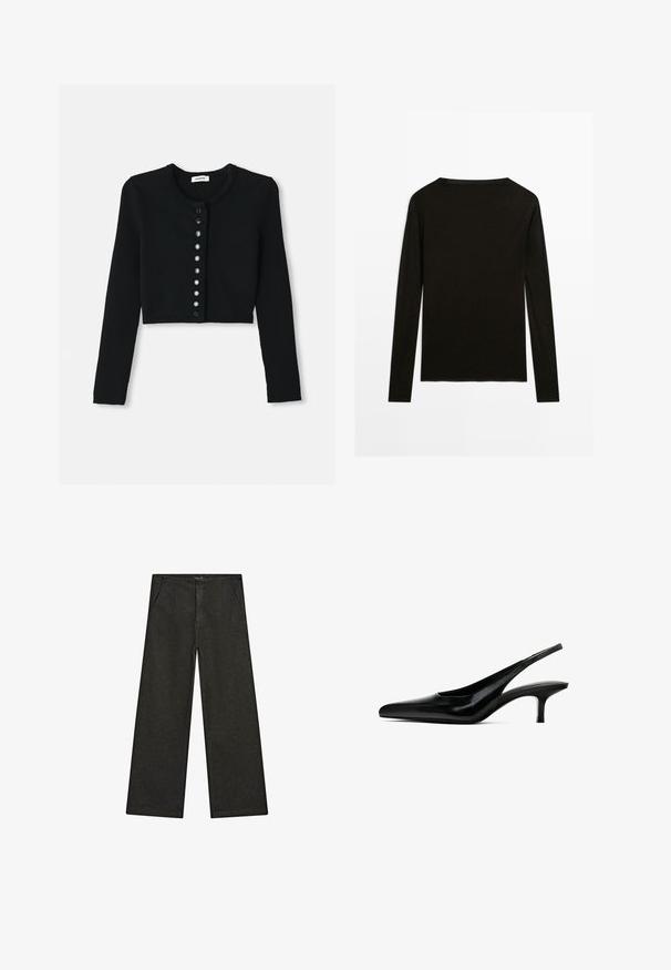 Czarny skrócony kardigan wykonany z prążkowanej tkaniny, z długimi rękawami, okrągłym dekoltem i zapięciem na guziki z okrągłymi czarnymi guzikami.; Czarny długi rękaw top wykonany z miękkiej dzianiny. Posiada okrągły dekolt i prosty krój bez widocznych elementów metalowych czy ozdób.; Szerokie czarne dżinsy z średnim stanem, z dwiema przednimi kieszeniami oraz czystym, minimalistycznym designem bez widocznych ozdób.; Czarne buty slingback z czubkiem w kształcie spiczastym, wykonane z błyszczącej skóry, z cienkim, niskim obcasem. Posiadają wycięcie po bokach dla lepszej wentylacji.
