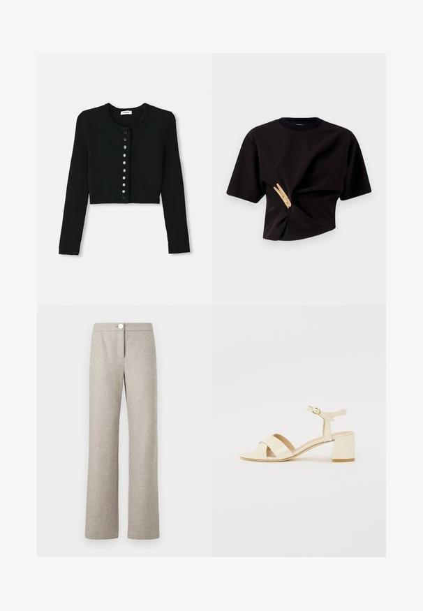 Crna skraćena kardigan izrađena od rebraste tkanine, s dugim rukavima, okruglim izrezom i prednjim kopčanjem na dugmad s kružnim crnim dugmadi.; Crna skraćena majica s kratkim rukavima, s obratnim dizajnom i dekorativnom žutom štipaljkom na prednjoj strani.; Svijetlosmeđi vuni hlače s uzorkom riblje kosti, širokih ravnih nogavica, prednjim kopčanjem na dugme i diskretnim bočnim džepovima.; Bež sandale od lakirane kože na visokoj peti s dizajnom preklopnog remena, otvorenim prstima, podesivim remenom oko gležnja i blok petom. Glatka tekstura.