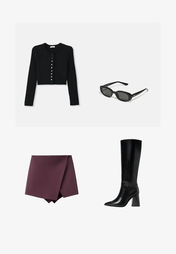 Czarny skrócony kardigan wykonany z prążkowanej tkaniny, z długimi rękawami, okrągłym dekoltem i zapięciem na guziki z okrągłymi czarnymi guzikami.; Koszulka polo z krótkim rękawem w głębokim burgundowym kolorze, wykonana z teksturowanej tkaniny, z dekoltem w kształcie litery V, trzema guzikami oraz usztywnionym kołnierzykiem.; Ciemnofioletowa asymetryczna mini spódnica z zapinanym przodem i gładką teksturą materiału.; Czarne skórzane botki do kolan z wąskim noskiem, gładką teksturą oraz masywnym, żłobionym obcasem dla stabilności. Elegancki design z minimalnymi akcentami.; Czarne okulary przeciwsłoneczne z owalnymi soczewkami, błyszcząca plastikowa oprawa i smukłe zauszniki. Posiadają białe logo Ray-Ban po boku.