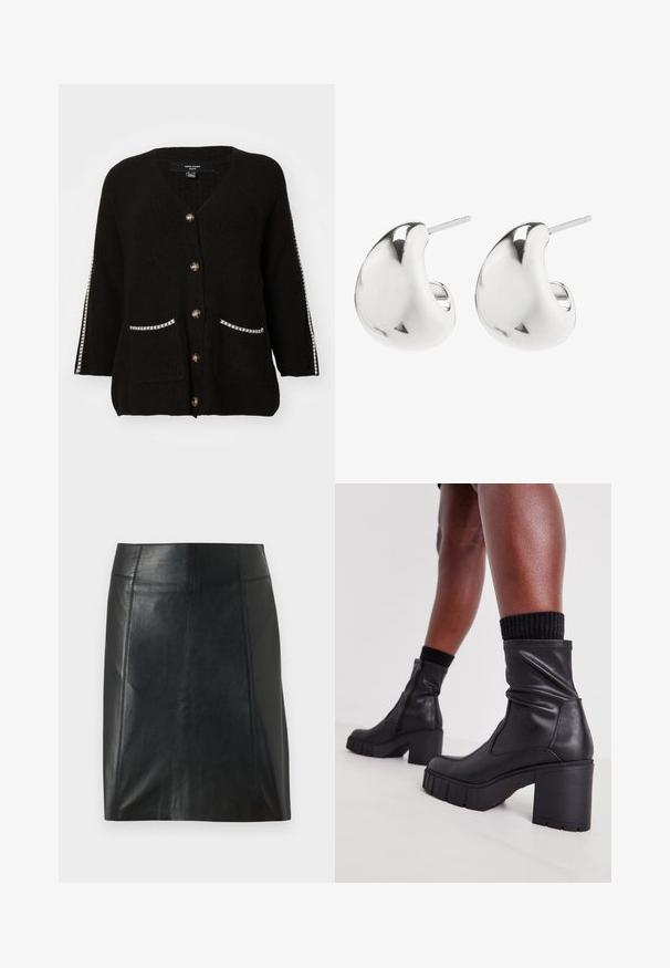 Must mustriga kardigan, millel on V-kaelus, viis kuldset nööpi, kaks taskut valge äärisega ja kontrastsed triibud varrukatel.; Valge ribadega kampsun, ümarate kaelustega ja ilma varrukateta, sirge äärisega ning sileda, veniva struktuuriga.; Mustast nahast seelik, millel on kohandatud disain. Sile tekstuur, õmblused, mis rõhutavad vormi, ja sirge äär. Minimalistlik ja stiilne välimus.; Mustad nahast pahkluu saapad, millel on voltimisega disain, robustne kõrge konts ja tekstureeritud kummitald. Küljel on lukk.; Hõbedased kõrvarõngad, millel on sile, kumer disain. Need on viimistletud poleeritud pinnaga ja neil on kinnituseks post tagasi, tagades kindla kandmise.