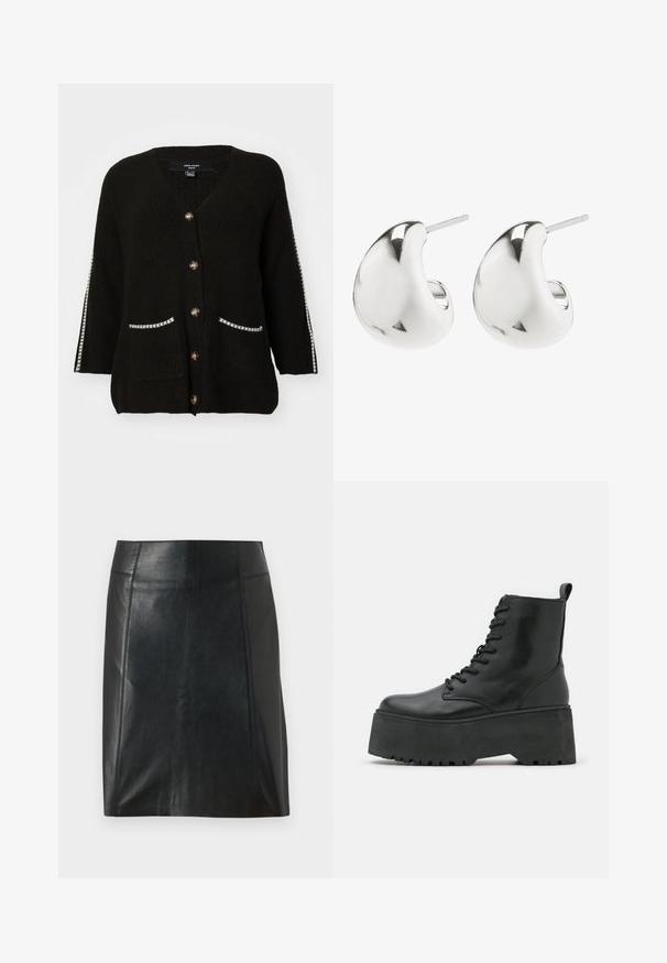 Cardigan nero lavorato a maglia con scollo a v, cinque bottoni dorati, due tasche con bordi bianchi e strisce a contrasto sulle maniche.; Top a canotta bianco a coste con scollatura rotonda e senza maniche, caratterizzato da un orlo dritto e una texture liscia e elastica.; Gonna in pelle nera con un design aderente. Texture liscia, cuciture che delineano la forma e orlo dritto. Aspetto minimalista e slanciato.; Stivaletti neri con suola platform spessa, realizzati in pelle liscia, con un design alla schiava e una linguetta sul retro.; Orecchini a perno in argento con un design liscio e curvo. Presentano una finitura lucida e un fermo a perno per un indossamento sicuro.