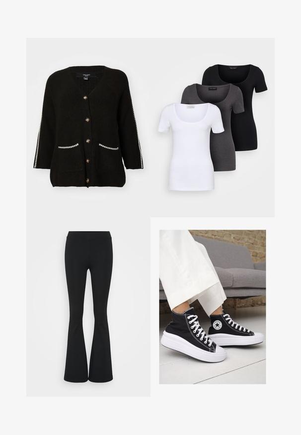Čierny pletený kardigán s výstrihom do V, piatimi zlatými gombíkmi, dvoma vreckami s bielym lemovaním a kontrastnými pruhmi na rukávoch.; Tričko v bielej, šedej a čiernej farbe s priliehavým strihom. Každé má široký výstrih a krátke rukávy. Vyrobené z hladkej, elastickej tkaniny.; Čierne rozšírené nohavice vyrobené z elastického materiálu, s vysokým pásom a hladkou textúrou. Nohavice sa rozširujú od kolena.; Čierne plátkové tenisky s vysokým strihom a bielymi gumovými podrážkami a šnúrkami. Majú okrúhly logotyp na boku a kontrastné biele stehy.