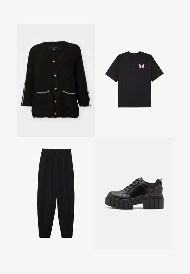 Cardigan noir en tricot avec un col en V, cinq boutons dorés, deux poches avec un bord blanc, et des rayures contrastantes sur les manches.; T-shirt en coton noir à manches courtes, avec un petit graphique de papillon rose sur la poitrine gauche. Modèle à col rond avec une coupe décontractée.; Pantalons noirs légers avec une taille élastique et des chevilles froncées. Le tissu est lisse et présente un design décontracté et fuselé.; Chaussures à plateforme en cuir noir avec un talon bloc épais, bout rond et un design traditionnel à lacets. Elles présentent une texture lisse et un détail minimal.
