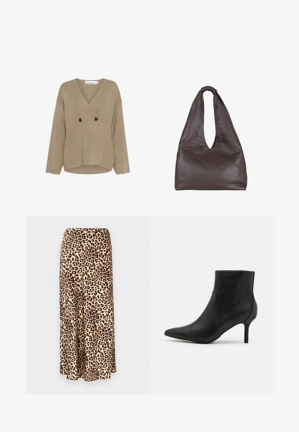Beige stickad tröja med V-ringning, dubbelknäppt design, två svarta knappar och vida ärmar. Slät textur med avslappnad passform.; Vit kortärmad t-shirt i bomull med rund halsringning och avslappnad passform. Slät textur utan synliga mönster eller dekorationer.; Leopardmönstrad lång kjol av slätt tyg. Ljusbrun bas med svarta och bruna fläckar. Urtjockad design med rak fåll.; Anna Field Ankelboots - black; Brun läderväska med en slapp, överdimensionerad design. Har ett ögla-handtag och en djup V-skuren öppning för enkel åtkomst. Mjuk textur, minimalistisk stil.