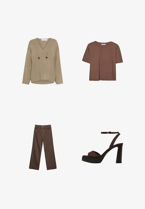 Beige gestrickter Pullover mit V-Ausschnitt, doppelt geknöpftem Design, zwei schwarzen Knöpfen und weiten Ärmeln. Glatte Textur mit legerem Schnitt.; Braunes, kurzärmliges T-Shirt aus weichem Material mit rundem Halsausschnitt und lockerer Passform. Keine sichtbaren Muster oder Akzente.; Weite braune Jeans aus Denim, mit hoher Taille, Fronttaschen und klassischem Knopfverschluss. Glatte Textur mit feinen Nähten.; Braune Wildleder-Pumps mit offenem Zeh, verstellbarem Knöchelriemen und gestreiftem Plateausohlen.