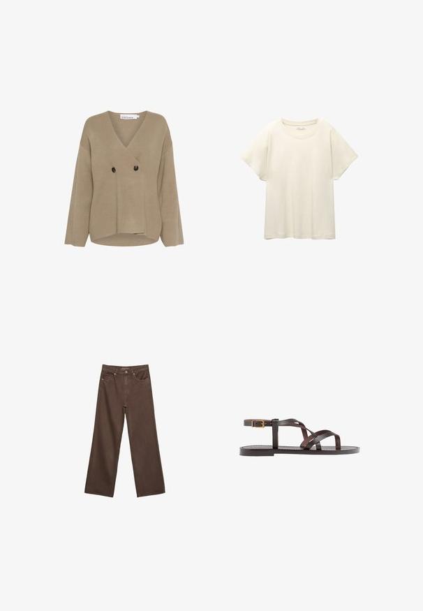 Bež pleteni pulover s V-izrezom, dvostrukom kopčom, dva crna gumba i širokim rukavima. Glatka tekstura s opuštenim krojem.; Svijetlo bež majica kratkih rukava s okruglim izrezom, izrađena od meke, glatke tkanine. Karakterizira je opušteni kroj i ravni rub.; Proširene smeđe traperice od denima, s visokim strukom, prednjim džepovima i klasičnom kopčom na dugme. Glatka tekstura s suptilnim šavovima.; Smeđe kožne sandale s iskrižanim trakama, umetkom za zapešće s kopčanjem i ravnim potplatom s minimalnim detaljima šivanja.