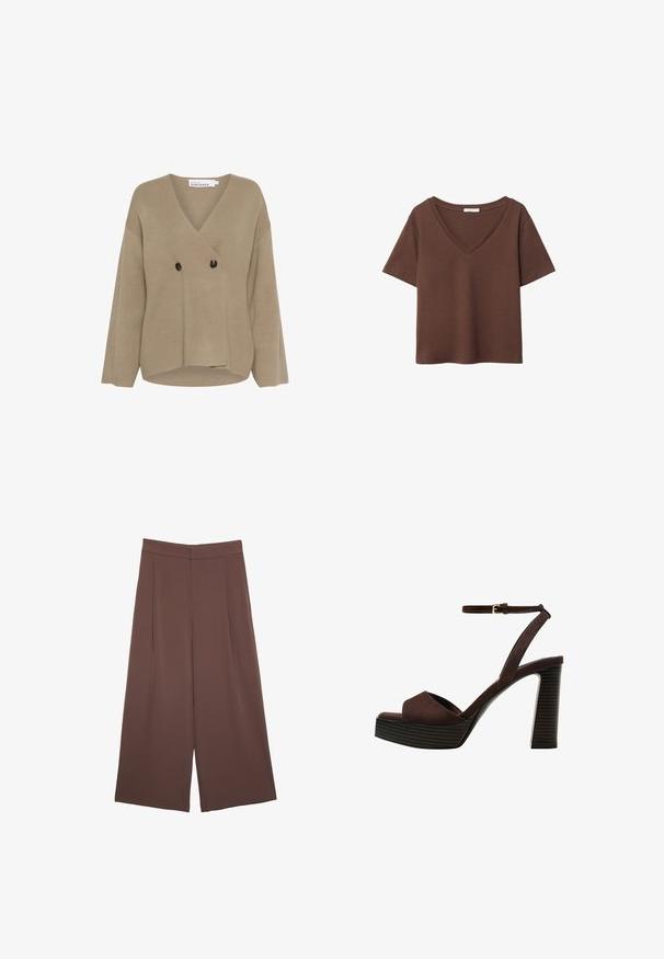 Béžový pletený sveter s výstrihom do V, dvojradovým zapínaním, dvoma čiernymi gombíkmi a širokými rukávmi. Hladká textúra s uvoľneným strihom.; Hnedé bavlnené tričko s krátkymi rukávmi a hlbokým V-výstrihom. Jednoduchý dizajn, jemná textúra a rovný lem. Bez vzorov alebo akcentov.; Hnedé nohavice so širokými nohavicami a hladkou textúrou, s vysokým pásom a prednými skladmi. Tkanina je ľahká a voľne sa pohybuje.; Hnedé semišové sandále na vysokom podpätku s otvorenou špičkou, nastaviteľným členkovým remienkom a pruhovanou platformovou podrážkou.