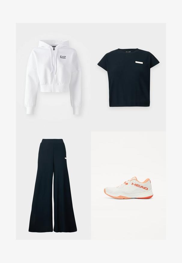 Balta saīsināta kapuce, ar rāvējslēdzēju priekšpusē, auklas kapuce, garas piedurknes ar ribots maliņām. Ar melnu "EA7" logotipu uz krūtīm. Gluda auduma tekstūra.; Melnā ribota īsroku blūze ar apkakli, kurai ir maza balta birka uz krūšu, izgatavota no maiga kokvilnas līdzīga auduma.; Platas kājas bikses tumši zilā ribotā audumā, ar augstu vidukli un diskretais sānu zīmola elements. Gluda faktūra un pilna garuma.; Baltas sporta apavi ar oranžiem akcentiem, ar sietiņu augšdaļu, auklu aizdari un teksturētu gumijas zoli ar zigzaga gripu. Redzams zīmola logotips.