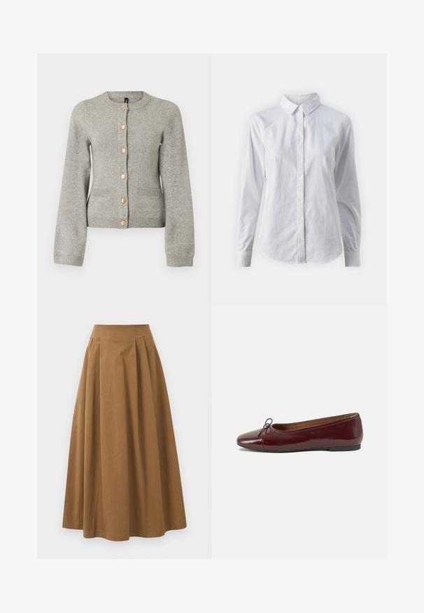 Világosszürke kötött kardigán kerek nyakkivágással, hosszú ujjal, elöl aranyszínű gombokkal. Két elülső zsebe van.; Fehér, sima pamutből készült gombos ing, klasszikus gallérral, hosszú ujjakkal és ívelt hemvéggel. A gombok kicsik és fehérek.; Barna pamut A-vonalú szoknya magas derékkal, elöl pliszézett és sima textúrával. Az alsó szegélyek letisztultak és egyszerűek.; Burgundi lakkbőr balettcipő kerek orral, elöl kis masni díszítéssel és alacsony, fekete gumi talppal. Simára csiszolt felület.