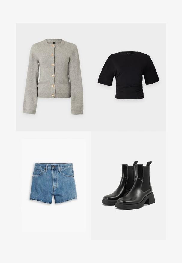 Jasnoszary, dziany kardigan z okrągłym dekoltem, długimi rękawami i złotymi guzikami na przodzie. Posiada dwie przednie kieszenie.; Gina Tricot - T-shirt basic; Jasnoniebieskie szorty dżinsowe z pięcioma kieszeniami, z zamkiem błyskawicznym i zapięciem na guzik. Rant jest postrzępiony, a krój jest luźny.; Czarne skórzane botki Chelsea na mocnej podeszwie, z elastycznymi panelami bocznymi i kontrastującym białym ściegiem. Teksturowane wykończenie.