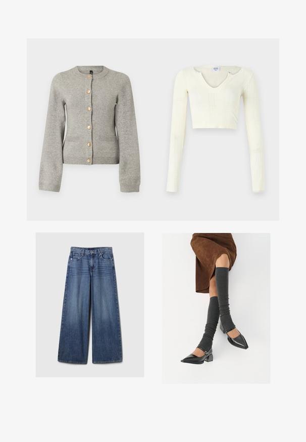 Svetlo sivý pletený kardigán s okrúhlym výstrihom, dlhými rukávmi a zlatými gombíkmi po celej dĺžke. Obsahuje dve predné vrecká.; Pruhovaný crop top z off-white pleteniny. Dlhé rukávy s rebrovanou textúrou a malými výrezmi okolo výstrihu.; Džíny s širokými nohavicami v modrej farbe s vyblednutým povrchom, s gombíkom a zipsom, piatimi vreckami a pútkami na opasok.; Čierne lakované kožené topánky s špicatou špičkou, blokovým podpätkom a členkovým remienkom, ktoré sú kombinované so šedými rebrovanými legínami a hnedou zamšovou sukňou.