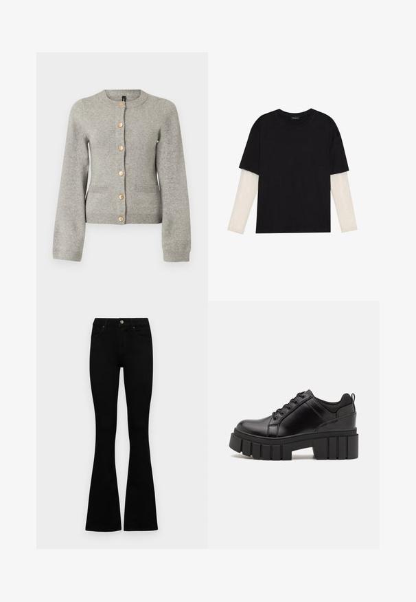 Lys grå strikket cardigan med rund hals, lange ermer og gullfargede knapper foran. Har to lommer foran.; Svart T-skjorte laget av bomull, med korte ermer over et hvitt langermet lag med en subtil teksturert mønster. Rund hals design.; Sorte høytlivsjeans med knapp og glidelås, frontlommer og utsvingte bein liggende flatt på en hvit bakgrunn.; Svarte lærplattformsko med kraftig blokkhell, rund tå og tradisjonell snøring. Har en jevn tekstur og minimal detaljering.