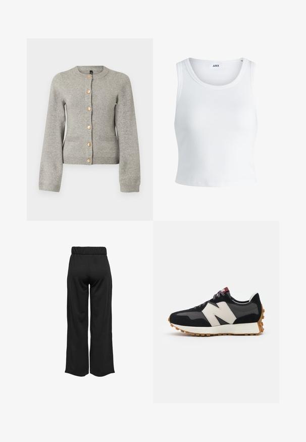 Lichtgrijze gebreide cardigan met een ronde halslijn, lange mouwen en goudkleurige knopen aan de voorkant. Beschikt over twee voorzakken.; Witte geribbelde tanktop met een ronde hals, zonder mouwen en een cropped lengte. Label draagt "JJXX." Gladde stoftextuur.; Zwarte, wijde broek met een elastische tailleband, gemaakt van gladde stof. Heeft een strakke uitstraling zonder zakken of zichtbare stikseldetails.; Zwarte en grijze suède sneaker met een groot crèmekleurig "N"-logo, paarse veters en een gestructureerde rubberen zool van gum.