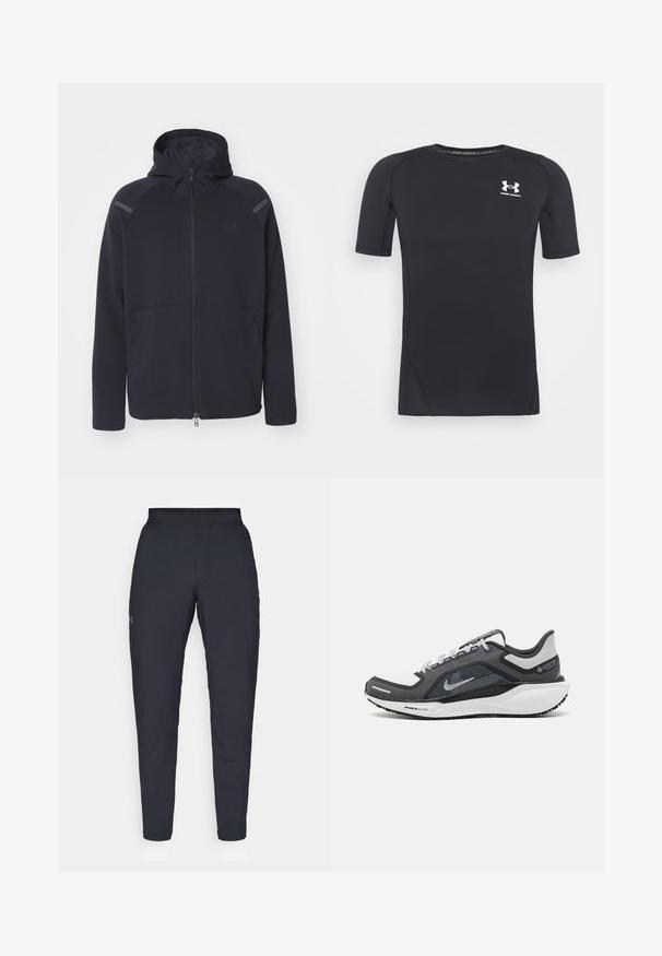 Veste à capuche zippée de couleur bleu marine foncé, fabriquée en tissu doux. Elle dispose de deux poches avant et d'accents contrastés sur les épaules en noir.; T-shirt de sport noir à manches courtes, fabriqué en tissu extensible à évacuation de l'humidité. Il possède un col rond et un petit logo blanc sur la poitrine.; Pantalons de sport noirs avec une texture lisse, coupe slim, taille élastique et poches latérales. Présente un petit logo sur la cuisse gauche.; Baskets de sport noires et grises avec un empeigne en maille, des accents réfléchissants et un intermédiaire blanc. Comprend une semelle extérieure en caoutchouc texturé et des lacets.