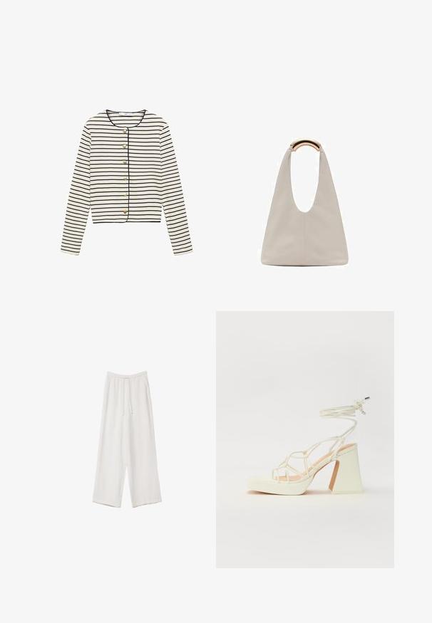 Maglia a maniche lunghe a righe color crema con righe orizzontali blu navy, dotata di scollatura rotonda e sei bottoni dorati sul davanti. Lunghezza cropped.; T-shirt bianco a maniche corte realizzato in cotone. Presenta un collo tondo e una vestibilità rilassata. Texture liscia senza motivi o dettagli visibili.; Pantaloni a gamba larga bianchi realizzati in un tessuto leggero. Presentano una vita elastica con cordoncino e tasche laterali. Texture liscia.; Sandalo bianco con tacco alto, caratterizzato da un design a cinturini e un legaccio alla caviglia. Texture liscia con una piattaforma frontale per un'altezza aggiuntiva.; Borsa in pelle grigio chiaro con design a forma di U e manico metallico curvo. Texture liscia con cuciture minime e senza motivi visibili.