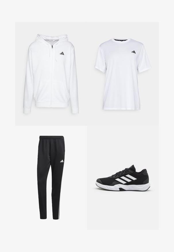 adidas Performance CLUB - Mikina s kapucňou - white; Biely športový tričko s krátkymi rukávmi, vyrobené z materiálu, ktorý odvádza vlhkosť. Má čierne logo na ľavej hrudi a vzorovaný vnútorný golier.; Čierne športové nohavice s elastickým pásom, bielymi bočnými pruhmi a malým bielym logom na stehne. Vyrobené z hladkého, ľahkého materiálu.; Čierne športové topánky s textúrovaným sieťovinovým zvrškom, bielymi akcentovými pruhmi, polstrovanou podrážkou a spevneným pätou pre podporu.