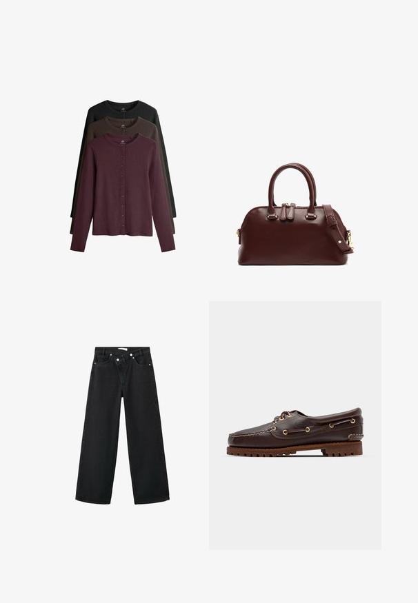 Svetri s dolgimi rokavi v maroon, temno zeleni in črni barvi. Imajo okroglo ovratnico in gumbasto zapiranje spredaj.; Rdeča in bež karo srajca z ovratnikom na gumbe, dolgimi rokavi, sprednjim žepom in sproščenim krojem. Mehka tekstura tkanine.; Visoke črne kavbojke z širokimi hlačnicami, pet žepov in srebrnimi kovinskimi dodatki spredaj za zapiranje.; Rjave usnjene čolnarske čevlje z zlatimi očesi, okroglicami in teksturiranim rjavim gumijastim podplatom. Ima šivano podrobno obdelavo in dvignjen logotip.; Burgundska usnjena torbica z dvojno zgornjo ročico, odstranljivo naramnico, zlato strojno opremo in zaobljeno obliko. Zadrga za zapiranje.