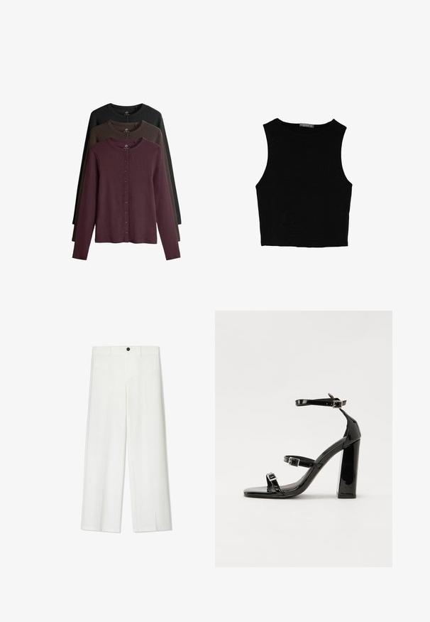 Sada tří kardiganů s dlouhým rukávem v barvách vínové, tmavě zelené a černé. Má kulatý výstřih a zapínání na knoflíky vpředu.; Černý bezsleeve crop top vyrobený z hladké tkaniny, s kulatým výstřihem a čistým, jednoduchým designem bez vzorů nebo kovových doplňků.; Bílé široké kalhoty s hladkým povrchem, s předním zapínáním na knoflíky a poutky na opasek, navržené pro pohodlný střih.; Černé lakované sandály na podpatku se čtveratou špičkou, lýtkovými pásky a stříbrnými přezkami. Disponují masivním blokovým podpatkem pro stabilitu.