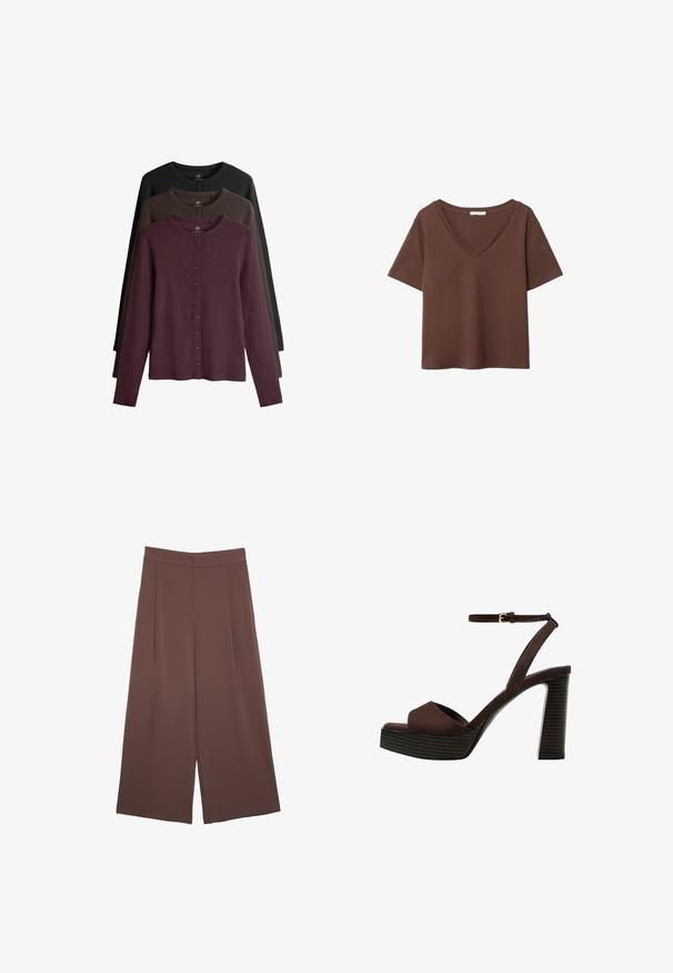 Set od tri kardigana dugih rukava u boji bordo, tamnozelena i crna. Imaju okrugli izrez i dugmad po sredini.; Smeđa pamučna majica kratkih rukava s dubokim V-izrezom. Jednostavan dizajn, mekana tekstura i ravni rub. Bez uzoraka ili naglasaka.; Smeđe hlače širokog kroja s glatkom teksturom, koje imaju visok struk i nabore sprijeda. Tkanina je lagana i slobodno se kreće.; Smeđe zamšaste sandale s visokim potpeticama, otvorenim prstima, podesivom trakicom oko gležnja i prugastom platformom.