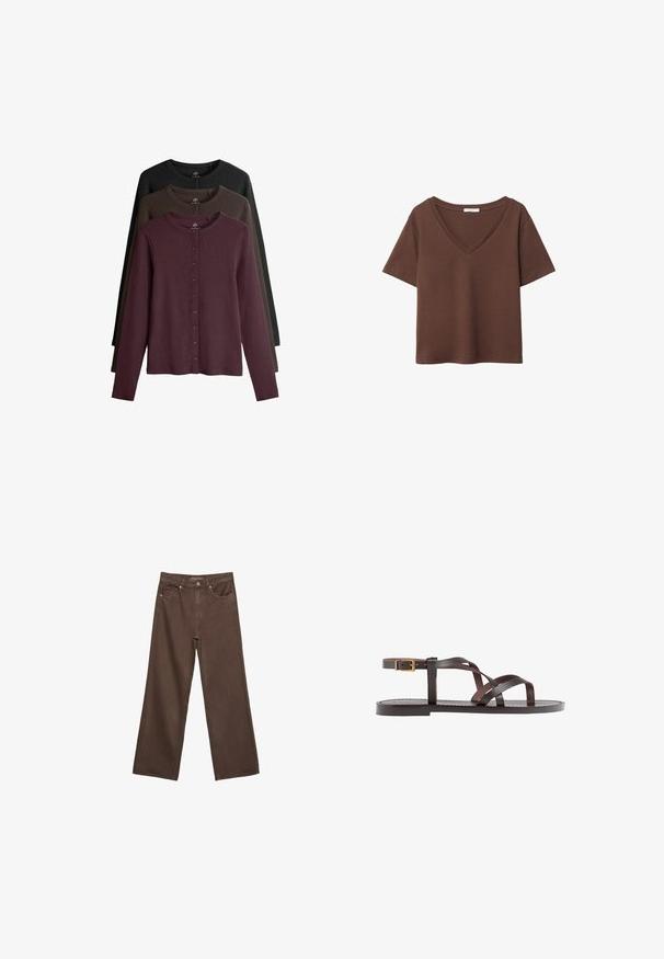 Set aus drei Langarm-Strickjacken in bordeauxrot, dunkelgrün und schwarz. Verfügt über einen runden Halsausschnitt und eine Knopfverschluss vorne.; Braunes Baumwoll-T-Shirt mit kurzen Ärmeln und tiefem V-Ausschnitt. Einfaches Design, weiche Textur und gerade Saumlinie. Keine Muster oder Akzente.; Weite braune Jeans aus Denim, mit hoher Taille, Fronttaschen und klassischem Knopfverschluss. Glatte Textur mit feinen Nähten.; Braune Leder-Sandale mit überkreuzten Riemen, einem Knöchelriemen mit Schnalle und einer flachen Sohle mit minimalen Nähdetails.