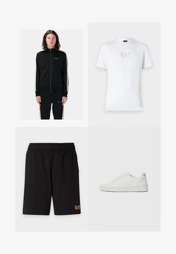 Čierna zipová bunda z teplákového materiálu s vysokým golierom, bočnými pruhmi a vyšitým logom. Vyrobená z hladkej tkaniny, priliehavý strih s rebrovanými manžetami.; Biela bavlnená tričko s okrúhlym výstrihom a krátkymi rukávmi, na prednej strane s potlačou zlatého loga EA7 Emporio Armani.; Čierne športové šortky vyrobené z jemného materiálu, s elastickým pásom a malým žltým logom EA7 na dolnej ľavej nohe.; Biele kožené tenisky s hladkým povrchom, okrúly špičkový dizajn, ploché šnúrky a textúrovaná podrážka. Obsahujú jemné logo na päte.