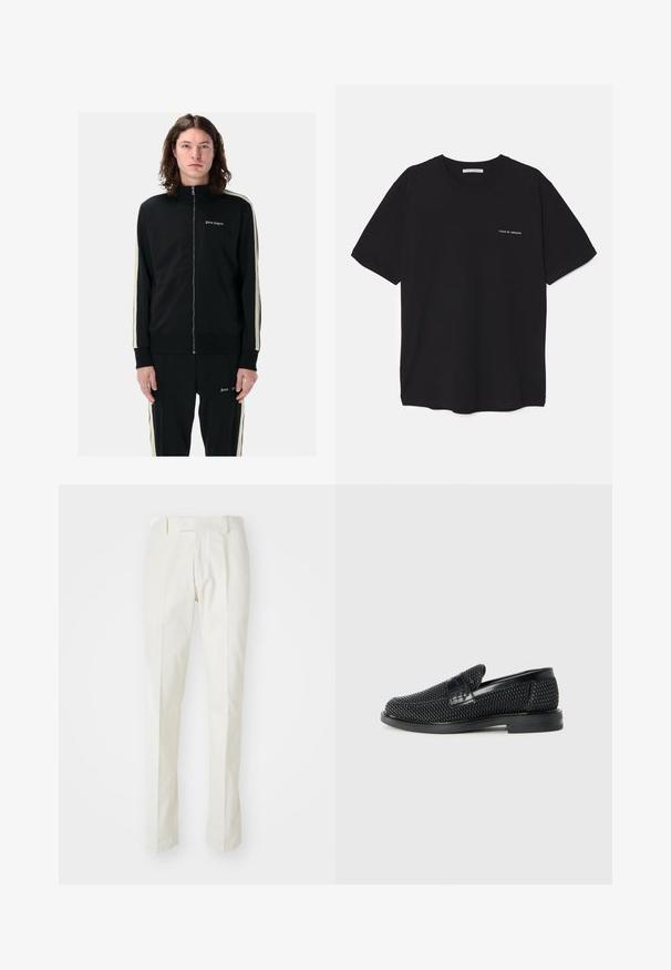 Juodas zip-up treniruoklių švarkas su aukštu apykakle, šoninėmis juostelėmis ir siuvinėtu logotipu. Pagamintas iš lygios medžiagos, prigludusi dizaino su megztomis rankovėmis.; Juoda medvilninė marškinėlė su apykakle, trumpomis rankovėmis ir baltu logotipu kairėje krūtinės pusėje. Paprastas, vientisas spalvų dizainas.; Balti medvilniniai kelnių modeliai, tiesaus silueto, lygia priekyje, be matomų raštų ar detalių. Lygus paviršius.; Juodas pintas slip-on tipo batelis su lygiu odiniu akcentu viršuje, apvalios nosies dizainas ir žemas guminis padas.