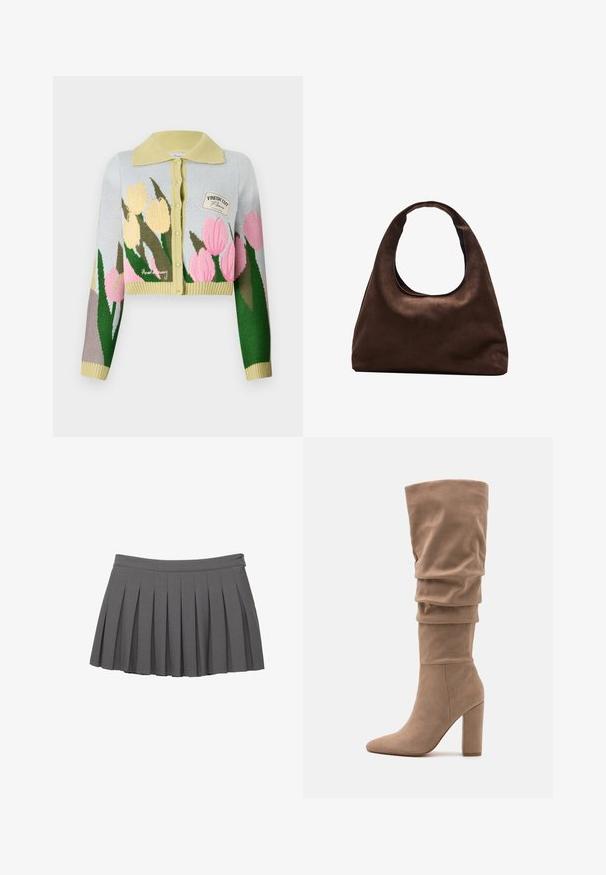 Gekürzter Cardigan aus hellblauem Strick mit gelbem Kragen. Hat ein florales Design in Pink und Gelb. Kleines Patch mit der Aufschrift "FRESH CUT."; Helles blaues Hemd mit vertikalen weißen Streifen, langen Ärmeln und Kragen. Mit seitlichem Bindebanddetail und geknöpften Ärmeln.; Grauer, plissierter Minirock mit einem knöpfförmigen Taillenbund und einer kleinen Logoverzierung auf der rechten Seite.; Anna Field Stiefel - beige; Weiche braune Hobo-Stil Handtasche mit einem einzigen breiten Trageriemen und einer geschwungenen Oberteilöffnung, auf einem weißen Hintergrund präsentiert.