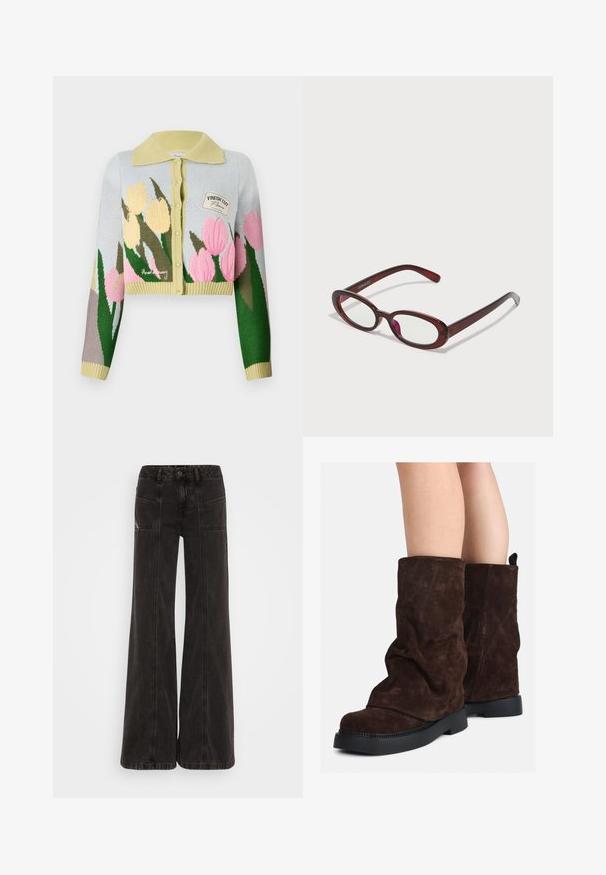 Šviesiai mėlynos spalvos džemperis su geltonu apykaklė, supjaustytas iki liemens. Puošia rožių dizainas rožinės ir geltonos spalvos. Mažas ženkliukas su užrašu "FRESH CUT."; Šviesiai žalias ilgos rankovės marškinėlis su mygtukų uždarymu priekyje, apykakle, tekstūruota medžiaga ir raišteliais rankogaliuose. Tiesios apdailos dizainas.; Juodos plačios kojų džinsai, pagaminti iš denimo, su aukštu juosmeniu, priekinėmis kišenėmis ir toniniu siuvimu palei siūles.; Rudi od suede iki blauzdų aukščio, su juodais gumos padais, dėvimi ant nuogų kojų, rodo lengvą raukšlių susidarymą ant batų šonų.; Ovalo formos raudoni akiniai su skaidriais lęšiais ir elegantiškais rudais rėmeliais. Dizainas pasižymi subtiliomis kreivėmis ir minimaliais detalėmis.