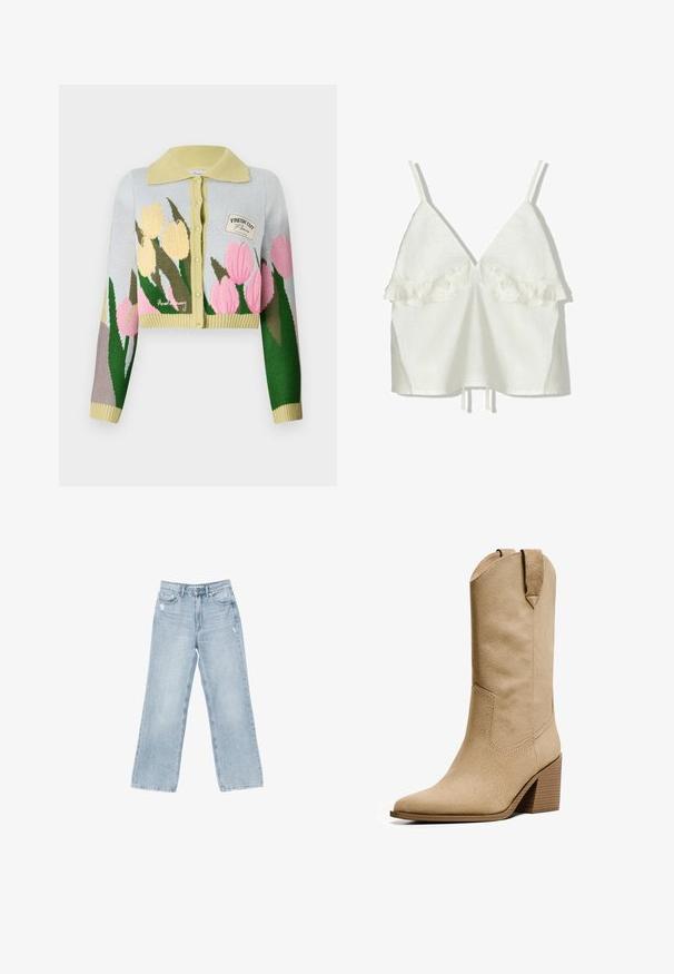 Skraćeni kardigan u svijetloplavom pletenju s žutim ovratnikom. Ima cvjetni uzorak u ružičastoj i žutoj boji. Mali naštampani žig s natpisom "SVJEŽE IZDAN".; Bela lanena majica s podesivim naramenicama i dubokim V-izrezom. Ima naborane naglaske na grudima, s opuštenim krojem i rubom na vezanje.; Svijetlo plave traperice širokog kroja, s istrošenim detaljima, dizajnom s pet džepova i zatvaranjem na munju.; Bershka HIGH-HEEL - Kaubojske/motorističke čizme - beige