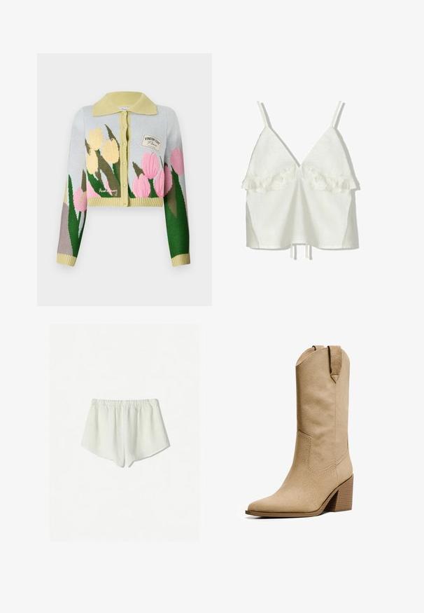 Gilet court en tricot bleu clair avec un col jaune. Présente un motif floral en rose et jaune. Petite étiquette avec "FRESH CUT."; Haut en lin blanc avec des bretelles réglables et un décolleté en V profond. Présente des accents froncés au niveau de la poitrine, avec une coupe décontractée et un ourlet à cordon.; Shorts en lin blancs avec une taille élastique, caractérisés par une coupe ample et un ourlet légèrement arrondi aux bords inférieurs. Texture douce et respirante.; Bershka HIGH-HEEL - Bottes de cowboy / motard - beige