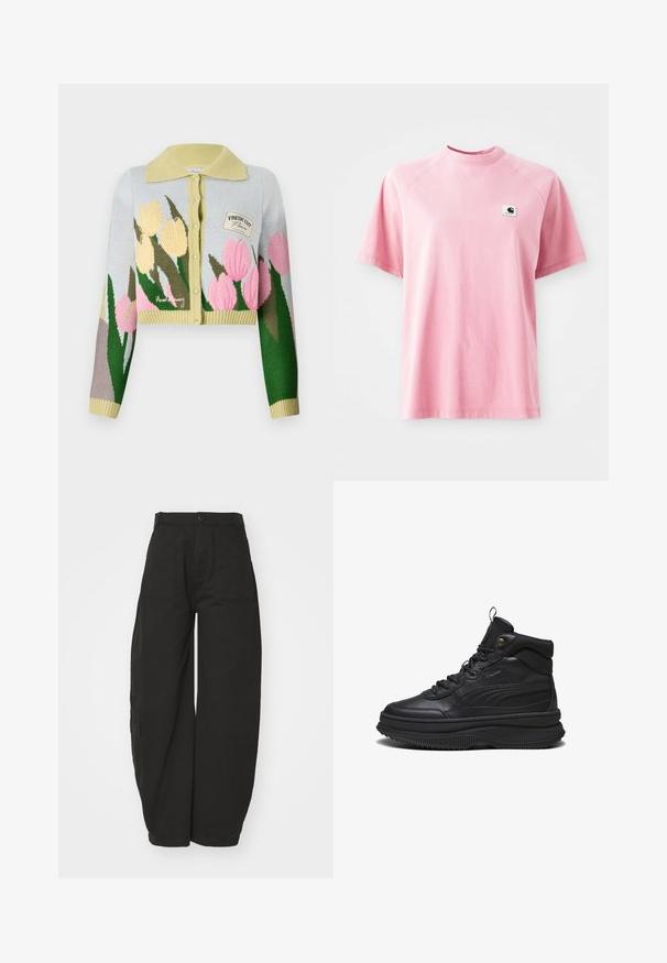 Cardigan accorciato in maglia azzurro chiaro con colletto giallo. Presenta un motivo floreale in rosa e giallo. Piccolo patch etichettato "FRESH CUT."; T-shirt in cotone rosa con colletto tondo e maniche corte. Presenta una piccola etichetta quadrata con logo sulla parte sinistra del petto. Texture liscia.; Pantaloni neri a gamba larga realizzati in cotone, con vita alta, chiusura con bottone frontale e tasche laterali per funzionalità.; Sneakers alti neri in pelle, con una suola spessa e testurizzata, punta rotonda, chiusura con lacci e una linguetta sul retro per un facile indossamento.