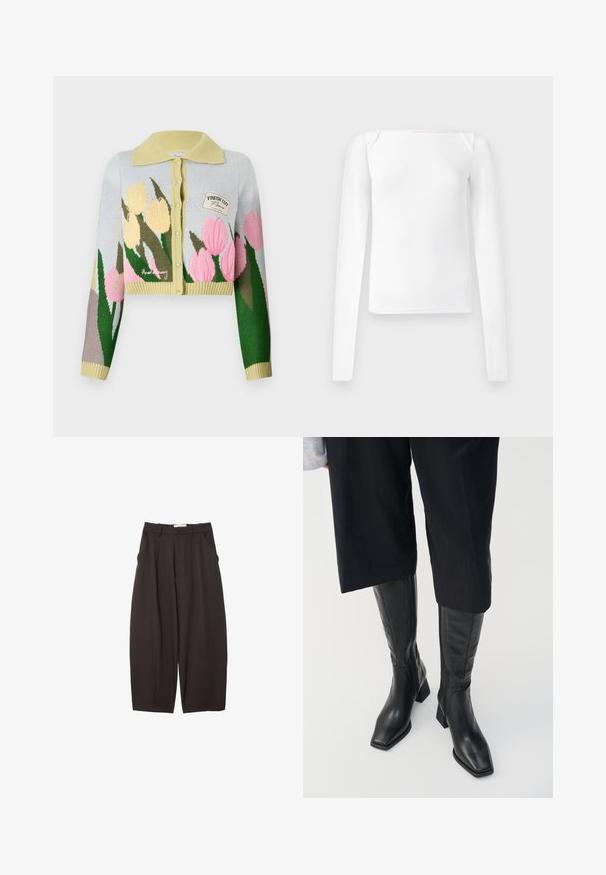 Gilet court en tricot bleu clair avec un col jaune. Présente un motif floral en rose et jaune. Petite étiquette avec "FRESH CUT."; Haut à manches longues blanc avec un décolleté carré, fabriqué en tissu lisse, présentant un design ajusté et des accents d'épaule sans couture.; Pantalons larges noirs en tissu lisse, avec une taille haute, des plis avant et des poches latérales. Design simple sans embellissements.; Bottes en cuir noir arrivant au genou avec un bout carré et un talon bloc. Elles présentent une fermeture éclair sur le côté et une texture lisse.
