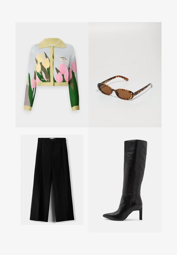 Lyhyt vaaleansininen neuletakki, jossa on keltainen kaulus. Siinä on vaaleanpunaisia ja keltaisia kukkakuoseja. Pieni tägi, jossa lukee "FRESH CUT."; Kaksi puuvillapaitaa valkoisena ja mustana. Kummassakin on syvä kaula-aukko ja ohuet olkaimet, ja ne ovat sileitä sekä pehmeitä.; Mustat leveälahkeiset housut, jotka on valmistettu kevyestä kankaasta. Housuissa on etunappikiinnitys ja tasainen etuosa, sekä huolellisesti ommellut helmat.; Saapikkaat, jotka ulottuvat polveen, mustaa nahkaa, stiletto-korko ja terävä nokka, sileä materiaali. Korko on lohkotyyppinen, mikä tuo vakautta muotoiluun.; Silmustäkkilised prillid ovaalsete raamidega, pruunid läätsed ja õhukesed mustad käepidemed, millel on peened mustri aksendid.; Ruskea keinonahkainen olkalaukku, jossa on kaareva muoto, minimaalinen ompelu ja kultasävyinen varuste. Varustettu ylhäältä avautuvalla vetoketjullisella suljennalla ja säädettävällä hihnalla.