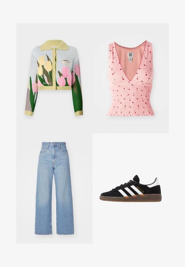 Gekürzter Cardigan aus hellblauem Strick mit gelbem Kragen. Hat ein florales Design in Pink und Gelb. Kleines Patch mit der Aufschrift "FRESH CUT."; Rosa ärmellose Bluse mit V-Ausschnitt, mit Rüschendetails und floralen Mustern. Kleine rote Blumen sind auf einem Punktmuster-Hintergrund verteilt.; Hellblaue High-Waist-Weite-Leg-Jeans mit Knopf- und Reißverschluss vorne, Vorder- und Rückentaschen, auf weißem Hintergrund.; Schwarzer Adidas Sneaker mit weißen Streifen, goldenem "Spezial"-Text, Gummisohle und weißem Fersenbereich, seitliche Ansicht.