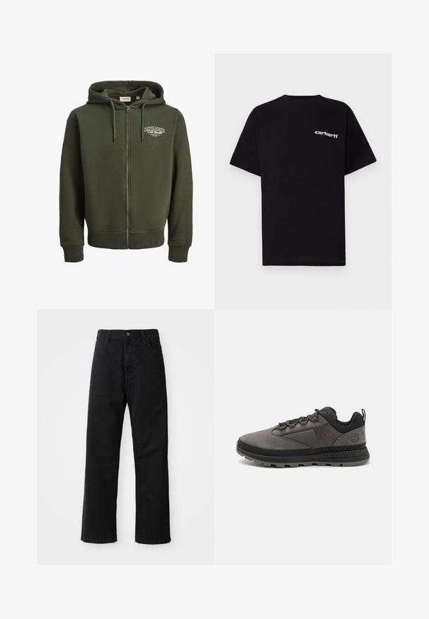 Green zip-up hoodie made of cotton blend fabric. Features a front zipper, drawstring hood, and a logo on the left chest. Ribbed cuffs and hem.; Black cotton t-shirt with short sleeves, crew neckline, and white "Carhartt" logo on the left chest. Smooth texture, minimal design.; Black denim pants with a straight cut, featuring front pockets, a zip fly, and a single top button. Textured fabric with a matte finish.; Black and grey outdoor shoes made of leather and mesh, featuring a padded collar, textured sole, and reinforced toe for durability.