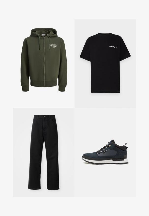 Green zip-up hoodie made of cotton blend fabric. Features a front zipper, drawstring hood, and a logo on the left chest. Ribbed cuffs and hem.; Black cotton t-shirt with short sleeves, crew neckline, and white "Carhartt" logo on the left chest. Smooth texture, minimal design.; Black denim pants with a straight cut, featuring front pockets, a zip fly, and a single top button. Textured fabric with a matte finish.; Navy blue hiking shoe with suede and textile upper, white midsole, black outsole, and metallic eyelets. Features a rear pull tab for easy wear.