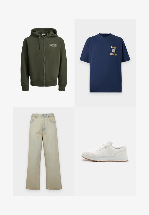 Zöld cipzáros kapucnis pulóver pamutkeverék anyagból. Elöl cipzárral, húzózsinórral ellátott kapucnival és bal oldalon logóval rendelkezik. Rugalmas mandzsetták és alj.; Sötétkék pamut póló rövid ujjal, arany színű "Carhartt University" felirattal és logóval a bal mellen.; Világoskék, bővítettnadrág, amely denimből készült, elhasználódott hatású. Öt zsebe és elülső gombzárása van.; Fehér sportcipők hálós felsőrésszel, kerek orral és mintázott gumitalppal. Lapos fűzőkkel és diszkrét márkázással a sarokon.