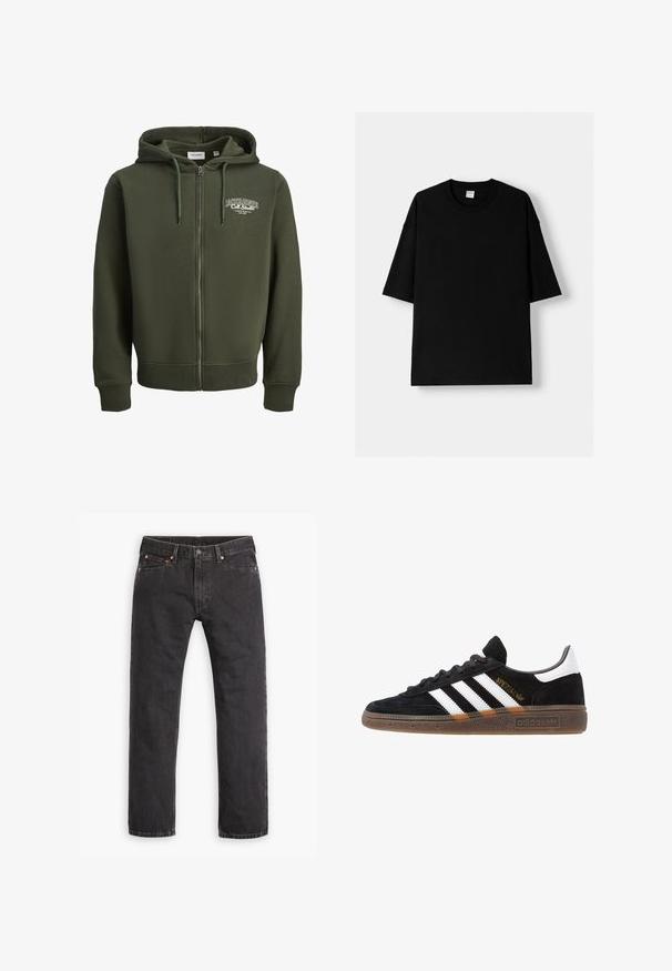 Zelená zipová bunda vyrobená z bavlneného zmesi. Obsahuje predný zips, kapucňu so šnúrkou a logo na ľavej hrudi. Ribbed zápästia a lem.; Čierne bavlnené tričko s krátkymi rukávmi, okrúhlym výstrihom a voľným strihom. Hladká textúra a minimalistický dizajn, bez vzorov alebo akcentov.; Čierne džíny s rovnými nohavicami, s piatimi vreckami, zapínaním na gombík a medenými nitmi, položené na bielom pozadí.; Čierne tenisky Adidas so bielymi pruhmi, zlatým textom "Spezial", gumenou podrážkou a bielym zadným pútkom, zobrazené z bočného pohľadu.