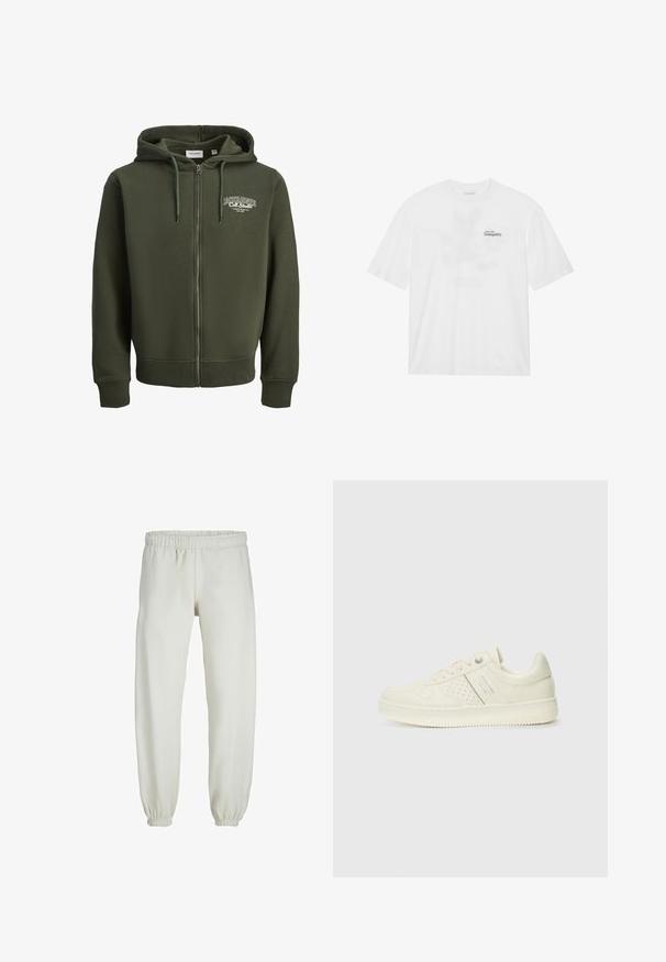 Zöld cipzáros kapucnis pulóver pamutkeverék anyagból. Elöl cipzárral, húzózsinórral ellátott kapucnival és bal oldalon logóval rendelkezik. Rugalmas mandzsetták és alj.; Fehér pamut póló rövid ujjakkal, a mellrészen fekete és zöld felirattal, ami ezt olvassa: "Szállj a nyugalomba".; Fehér melegítőnadrág, puha anyagból készült, rugalmas derékrésszel és mandzsettával, sima tapintású és laza szabású.; Krém színű sneaker perforált részletekkel, fűzőkkel és logóval az oldalán, egy sima fehér háttér előtt kiállítva.