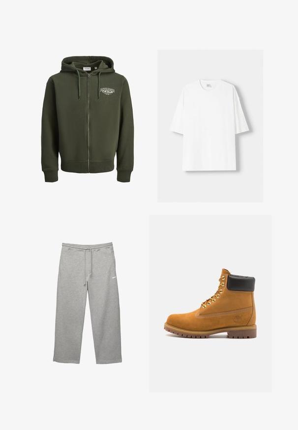 Zelená zipová mikina vyrobená z bavlněné směsi. Má přední zip, kapuci se šňůrkou a logo na levé hrudi. Rybí manžety a spodní lem.; Bílá krátkosrstá tričko s krátkým rukávem vyrobené z bavlny, se zaobleným výstřihem a volným střihem. Hladká textura, bez viditelných vzorů nebo akcentů.; Šedé tepláky vyrobené z měkké látky s elastickým páskem, nastavovatelnou šňůrkou a bočními kapsami. Obsahují malé bílé logo.; Hnědé semišové kotníkové boty s černým polstrovaným límcem, zlatými kovovými očky, bílým prošíváním a odolnou gumovou podrážkou s výraznými drážkami.