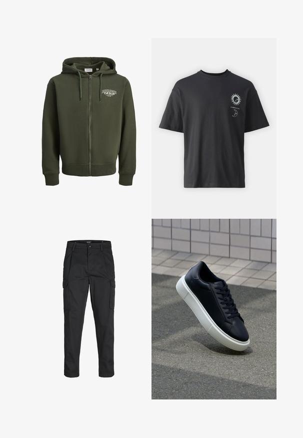 Žalios spalvos užtrauktukas megztinis, pagamintas iš medvilnės mišinio. Turi priekinį užtrauktuką, raištelį ant gobtuvo ir logotipą kairėje krūtinės pusėje. Raukšlėtos rankogaliai ir apykaklė.; Juodas medvilninis marškinėliai su trumpomis rankovėmis, apvalia iškirpte ir priekiniais atvaizdais saulės ir mėnulio su tekstu "Le Soleil et La Lune."; Juodi krovinių tipo džinsai, pagaminti iš tvirto audinio, su keliais kišeniais, mygtuko uždarymu ir siauru, prigludusiu dizainu su siaurėjančiomis kojomis.; Juodas odinis sportbačius su apvaliu pirštu ir baltu gumuotu padu. Turi plokščias raišteles ir minimalų siuvimą viršuje. Padangos tekstūra užtikrina sukibimą.