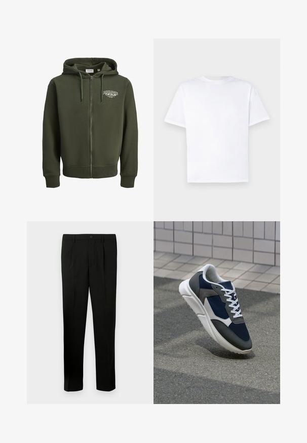 Green zip-up hoodie made of cotton blend fabric. Features a front zipper, drawstring hood, and a logo on the left chest. Ribbed cuffs and hem.; White cotton t-shirt with a crew neck and short sleeves. Smooth texture, straight cut, no patterns or accents. Back view only.; Black tailored trousers with a flat front, two pleats, a button closure, side pockets, and a straight-leg cut. Made from a smooth fabric.; Sneaker featuring a navy blue mesh upper, gray suede accents, white rubber sole, and flat white laces, designed for comfort and breathability.