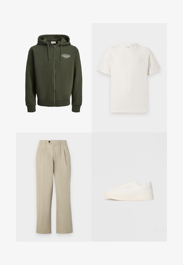 Grønn hettegenser med glidelås laget av bomullsblandingsstoff. Har en frontglidelås, snorhette og en logo på venstre bryst. Ribbestrikkede mansjetter og kant.; Hvit T-skjorte med kort erm i ribbestrikket tekstur. Rund hals, avslappet passform, ingen synlige mønstre eller detaljer. Enkelt og allsidig design.; Beige bukser med en afslappet pasform, der har læg, knaplukning, sidelommer og lige ben. Glat stoftekstur.; Hvite slip-on joggesko med teksturert overflate, tykk såle og minimalistisk design. Har merkevarelogo på siden.