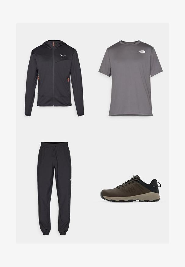 Black zip-up jacket with a textured finish, featuring an orange zip pull and white logo on the chest, hooded with long sleeves.; Gray short-sleeve athletic t-shirt made of smooth, lightweight fabric. Features a white logo on the left chest area. Round neck design.; Black athletic pants made from lightweight fabric, featuring a drawstring waistband, side pockets, and tapered cuffs at the ankles.; Brown waterproof sneakers with a textured upper, perforated accents, black heel support, and a grey rubber sole. Laces are styled with metallic ends.